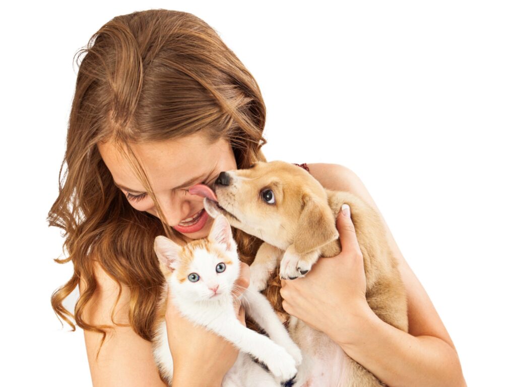 Happy Girl With Kitten and Affectionate Puppy